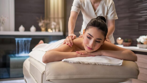 Mujer joven recibiendo un masaje de espalda en un centro de spa