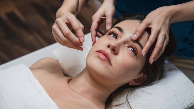 Mujer joven recibiendo tratamiento de acupuntura