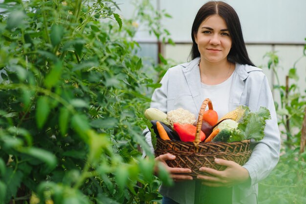 Mujer joven recogiendo verduras de invernadero