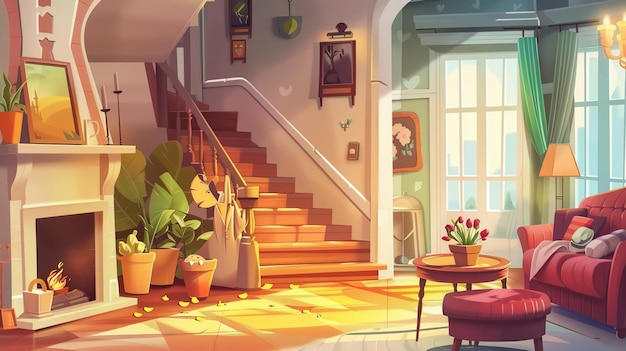 Foto una mujer joven regando flores en ollas cerca de las escaleras en su sala de estar detrás de su chimenea un sofá una mesa y una silla telón de fondo de dibujos animados modernos de una casa acogedora desde adentro