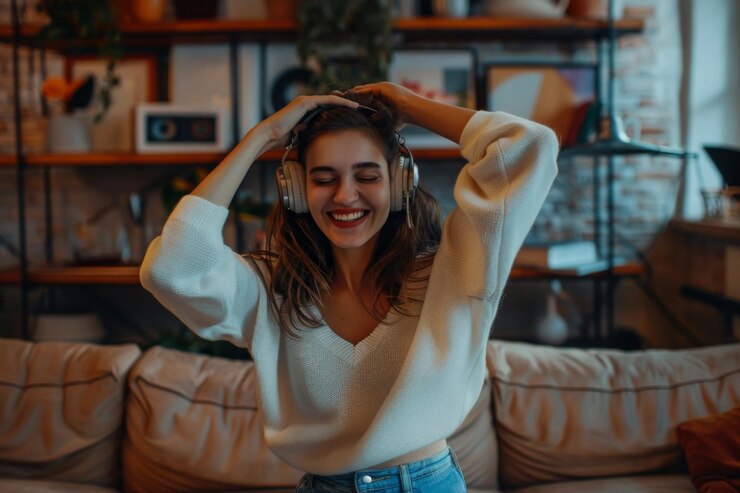 Mujer joven relajada con auriculares disfrutando de música en un sofá