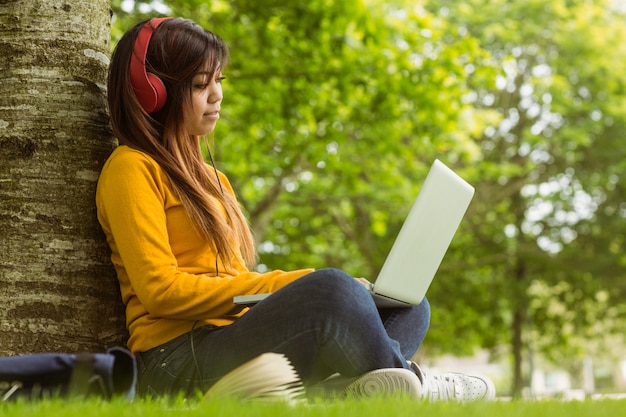 Mujer joven relajada usando la computadora portátil en el parque