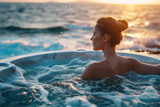 Mujer joven relajándose en una bañera de hidromasaje en el fondo del océano