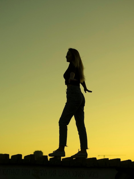 Mujer joven relajándose en el cielo al atardecer gente al aire libre estilo libertad