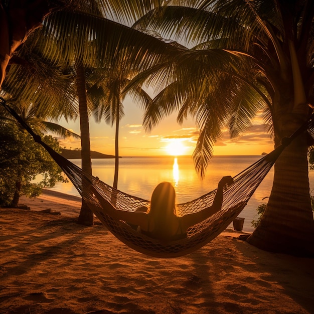 Mujer joven relajándose en una hamaca en una playa tropical al atardecer Concepto de viaje y vacaciones