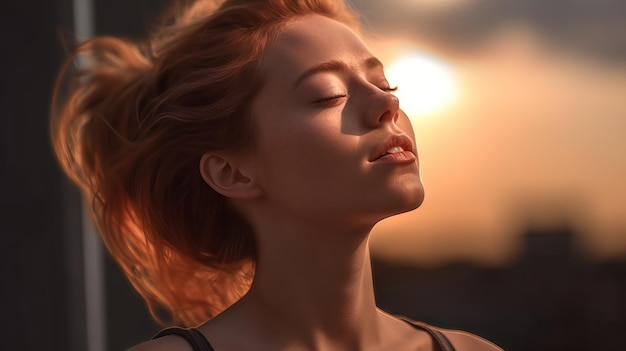 Mujer joven relajándose mirando al cielo durante una puesta de sol con tonos cinematográficos de imagen idílica