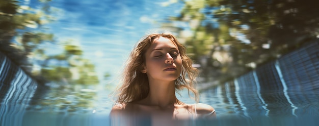 Foto mujer joven relajándose en la piscina en el balneario relajándose generative ai