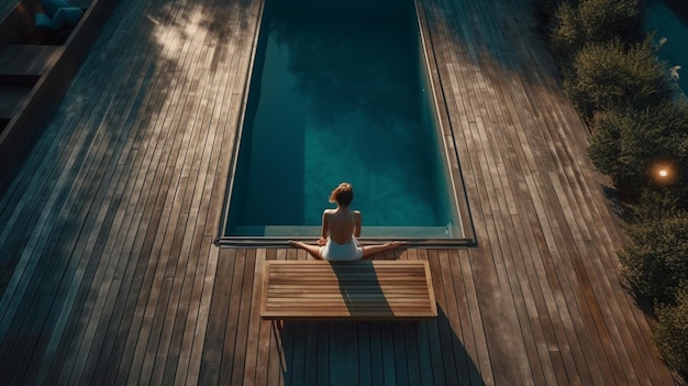 Mujer joven relajándose en la piscina en la villa de lujo Generative Ai