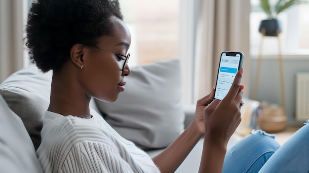 Mujer joven relajándose en el sofá usando su teléfono inteligente revisando las redes sociales entorno casero con tecnología moderna conexión cotidiana IA