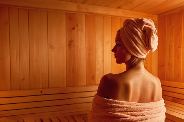 Mujer joven relajándose y sudando en una sauna de madera tradicional caliente envuelta en una toalla tratamiento de spa