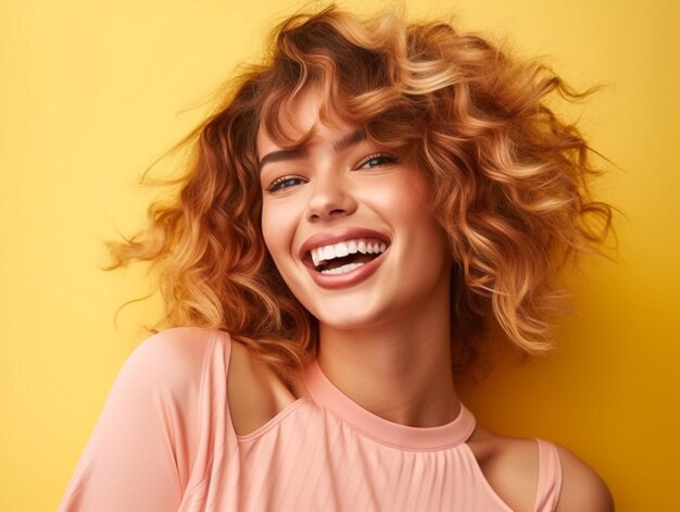 Mujer joven retrato afro moda cabello rosa belleza sonrisa modelo amarillo IA generativa