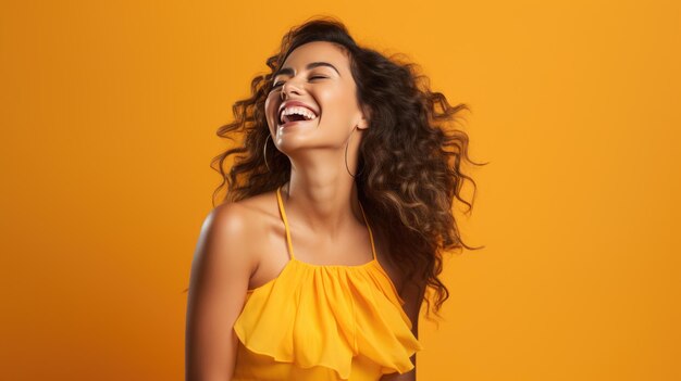 Foto una mujer joven ríe contra un fondo naranja