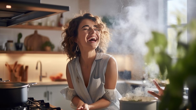 Foto mujer joven ríe mientras cocina en la cocina