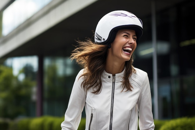 Mujer joven riendo con cabello largo usando equipo de motocicleta y casco colores blancos Generado por IA