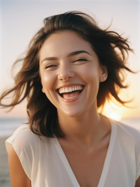 Mujer joven riendo felizmente en la playa al atardecer