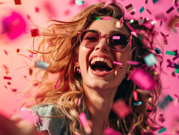 mujer joven riendo mientras lanza confeti con gafas de sol