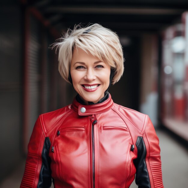 Mujer joven riendo con el pelo corto con ropa de moto y casco de colores rojo y negro AI Gene