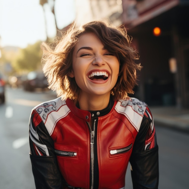 Mujer joven riendo con el pelo corto con ropa de moto y casco de colores rojo y negro AI Gene