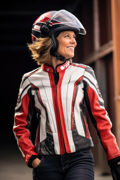 Mujer joven riendo con el pelo largo vistiendo ropa de moto y casco colores rojo y negro AI Gener