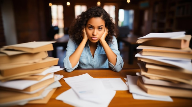 Una mujer joven rodeada de pilas de libros con aspecto estresado