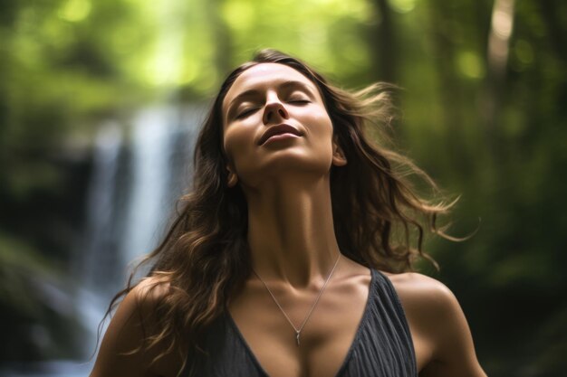 Una mujer joven con ropa casual disfruta de una cascada natural en el bosque, la mujer cierra los ojos, se siente relajada y respira profundamente el aire fresco.