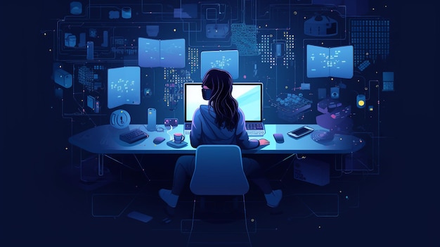 mujer joven en ropa casual sentada frente a la computadora
