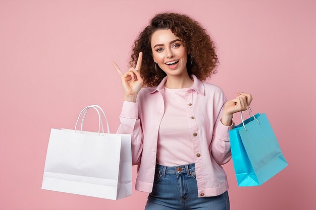 Mujer joven con ropa casual sostiene papel de compras envasado fsdfgbn