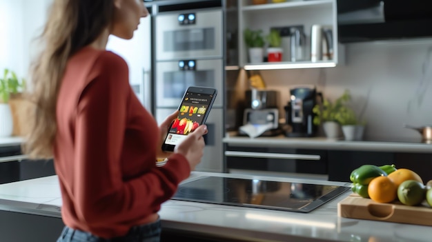 Foto una mujer joven con ropa casual usa un teléfono móvil en la cocina. está de pie cerca de la estufa de inducción.