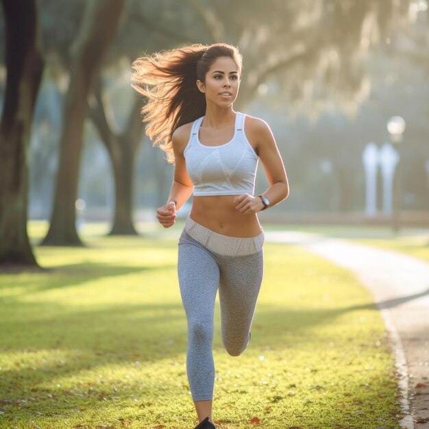 Mujer joven con ropa deportiva y corriendo temprano en la mañana