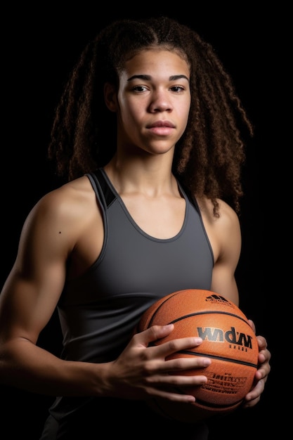 Una mujer joven con ropa deportiva sosteniendo una pelota de baloncesto creada con IA generativa