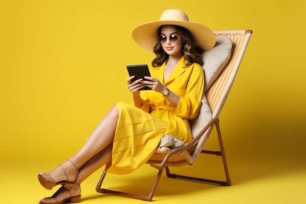 Foto mujer joven en ropa de verano relajándose en silla de sol usando teléfono móvil aislada en un fondo amarillo viajero al extranjero durante el ocio para el descanso y el concepto de vuelo