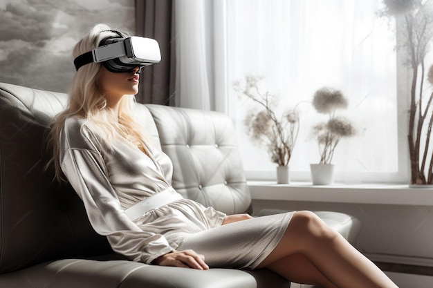 Mujer joven rubia que se sienta en el sofá que lleva gafas de la realidad virtual