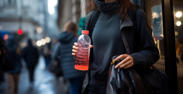 Mujer joven saliendo del metro agarrando una botella de agua en medio de la bulliciosa ciudad