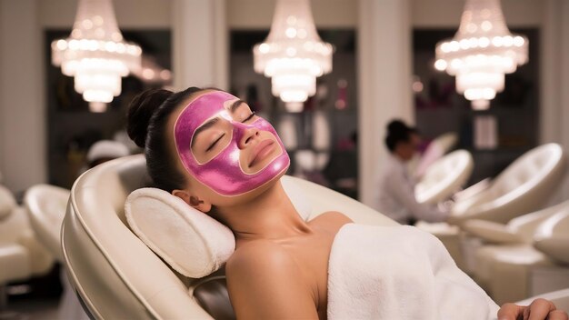 Foto mujer joven en el salón de spa con máscara cosmética en la cara foto de ángulo alto