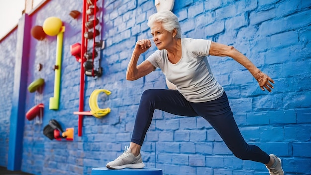 Mujer joven sana y fuerte de más de 80 años haciendo deportes en la pared azul