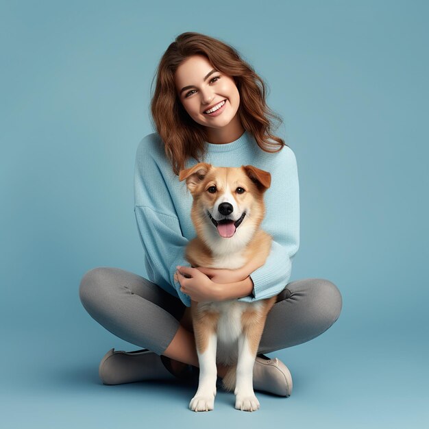 Mujer joven satisfecha sonriendo en una foto de cuerpo completo