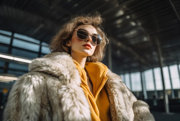 Mujer joven segura con gafas de sol y un abrigo de invierno