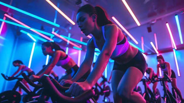 Mujer joven segura de sí misma en ropa deportiva entrenando en bicicleta de ejercicio en un gimnasio moderno iluminado con neón