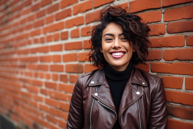 Una mujer joven y segura sonriendo.