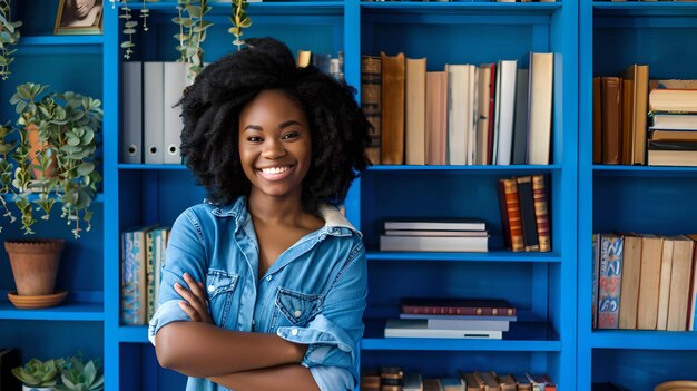 Mujer joven segura con una sonrisa radiante se encuentra en una biblioteca de estilo casual tema educativo imagen positiva AI