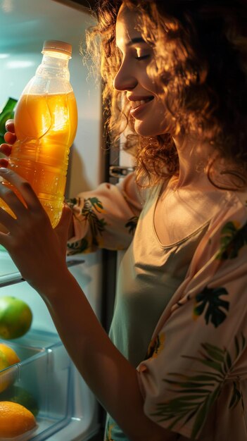 Mujer joven seleccionando jugo de la nevera