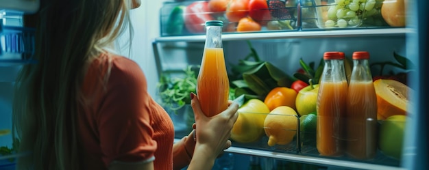 Mujer joven seleccionando jugo de la nevera