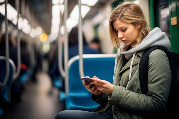 una mujer joven sentada en un asiento del metro y usando su teléfono inteligente con IA generativa