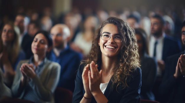Mujer joven sentada en una audiencia abarrotada en una conferencia y aplaudiendo después del discurso