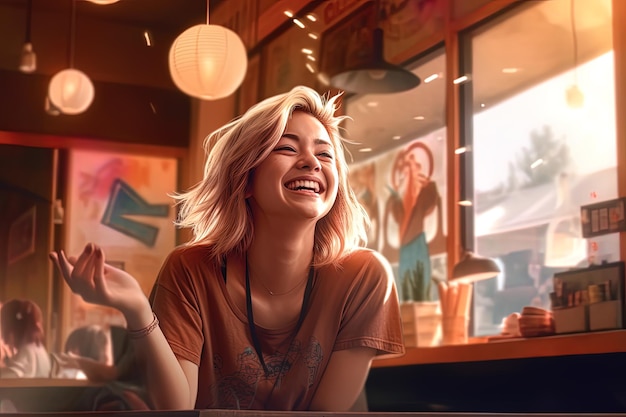 Mujer joven sentada en un bar hablando sonriendo IA generativa