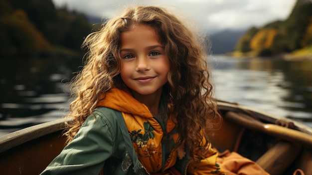 Una mujer joven sentada en un barco retro.