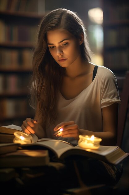 mujer joven sentada en la biblioteca leyendo un libro