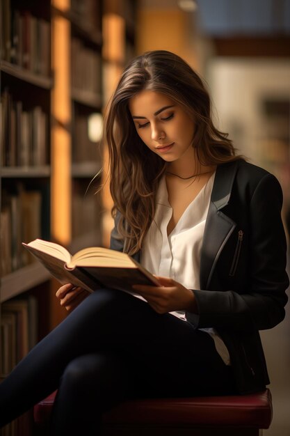 mujer joven sentada en la biblioteca leyendo un libro