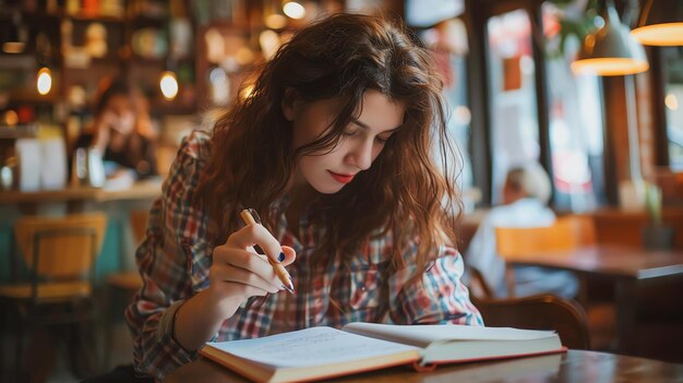 Mujer joven sentada en un café escribiendo en su diario Ella lleva una camisa a cuadros y tiene el cabello largo y rizado