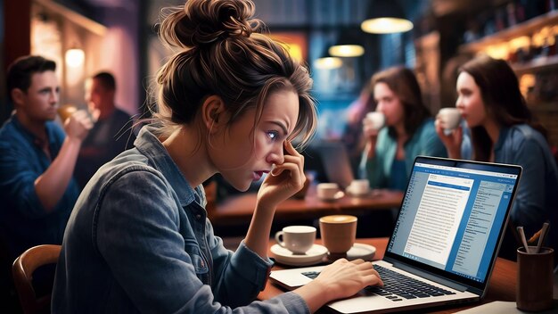 Mujer joven sentada en un café con su portátil estresada por el trabajo